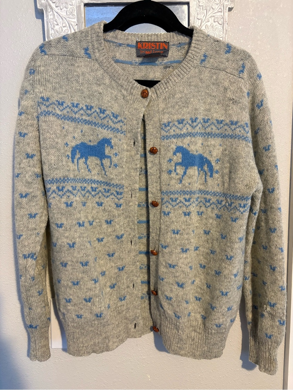 Vtg Gray&Blue Wool Horse Cardigan